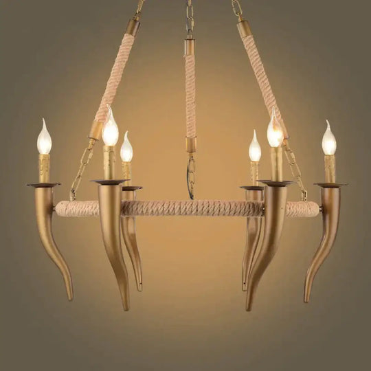 Rustic Wrapped Wagon Wheel Ceiling Pendant 3/6 - Light Khaki Metallic Chandelier Light With Ox Horn