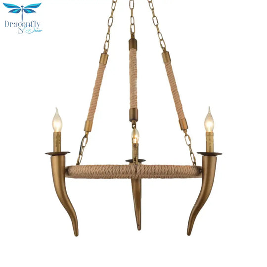 Rustic Wrapped Wagon Wheel Ceiling Pendant 3/6 - Light Khaki Metallic Chandelier Light With Ox Horn