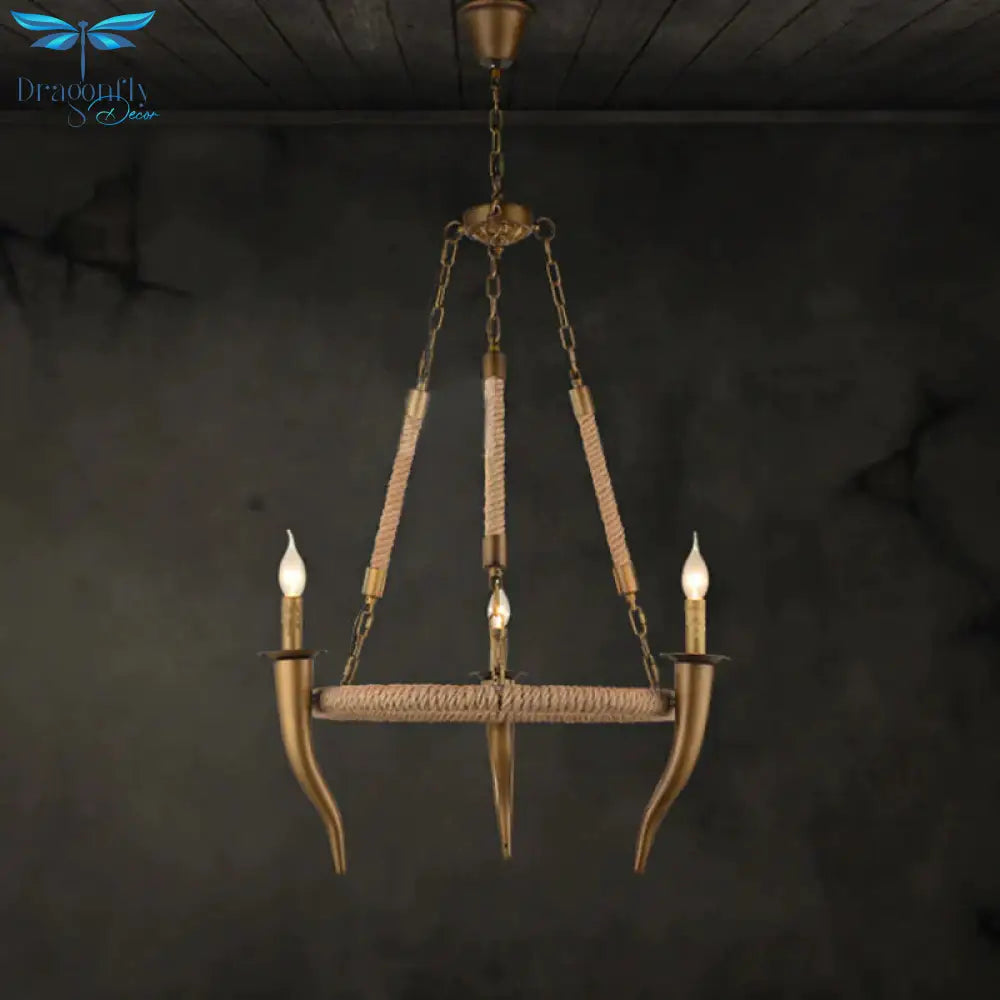 Rustic Wrapped Wagon Wheel Ceiling Pendant 3/6 - Light Khaki Metallic Chandelier Light With Ox Horn
