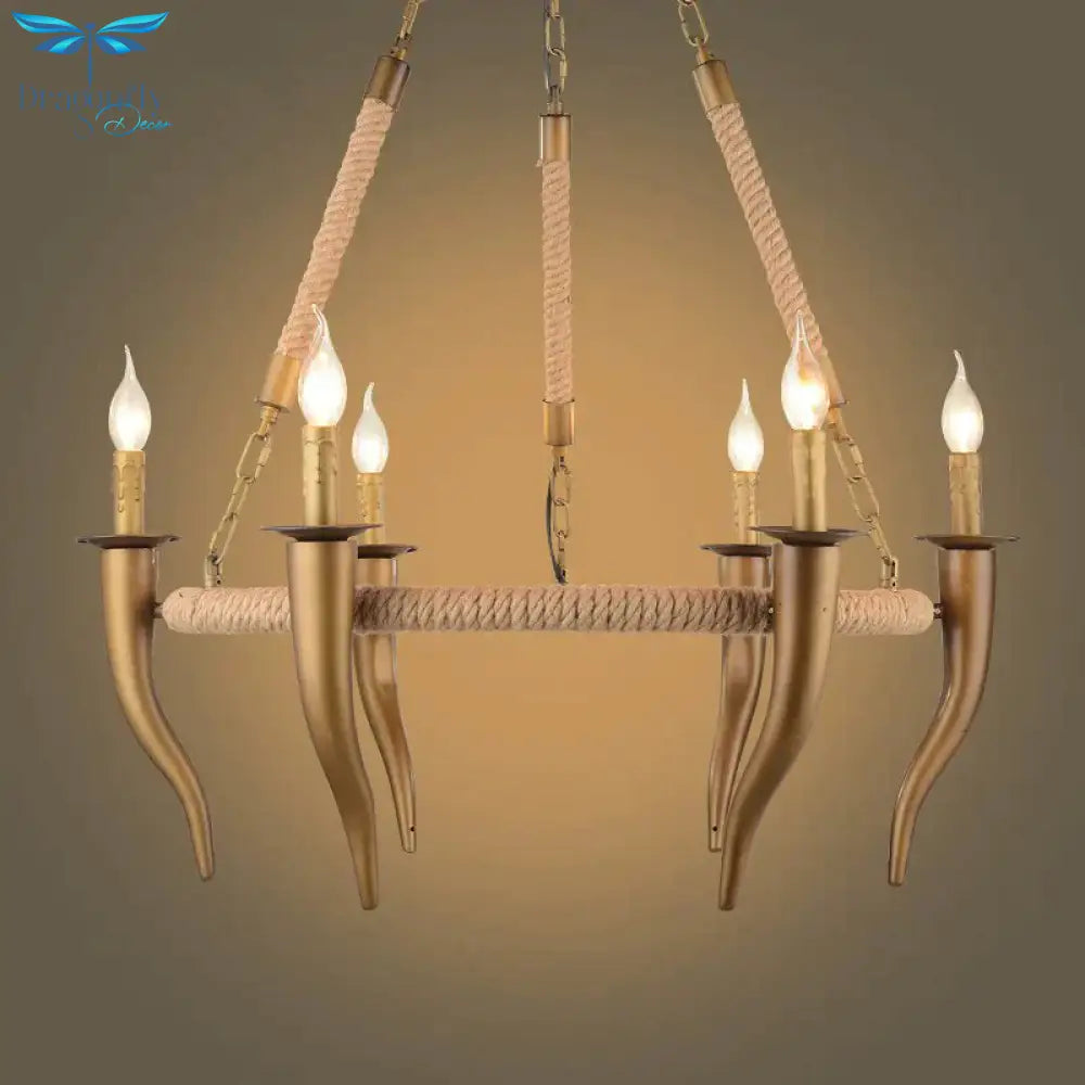 Rustic Wrapped Wagon Wheel Ceiling Pendant 3/6 - Light Khaki Metallic Chandelier Light With Ox Horn