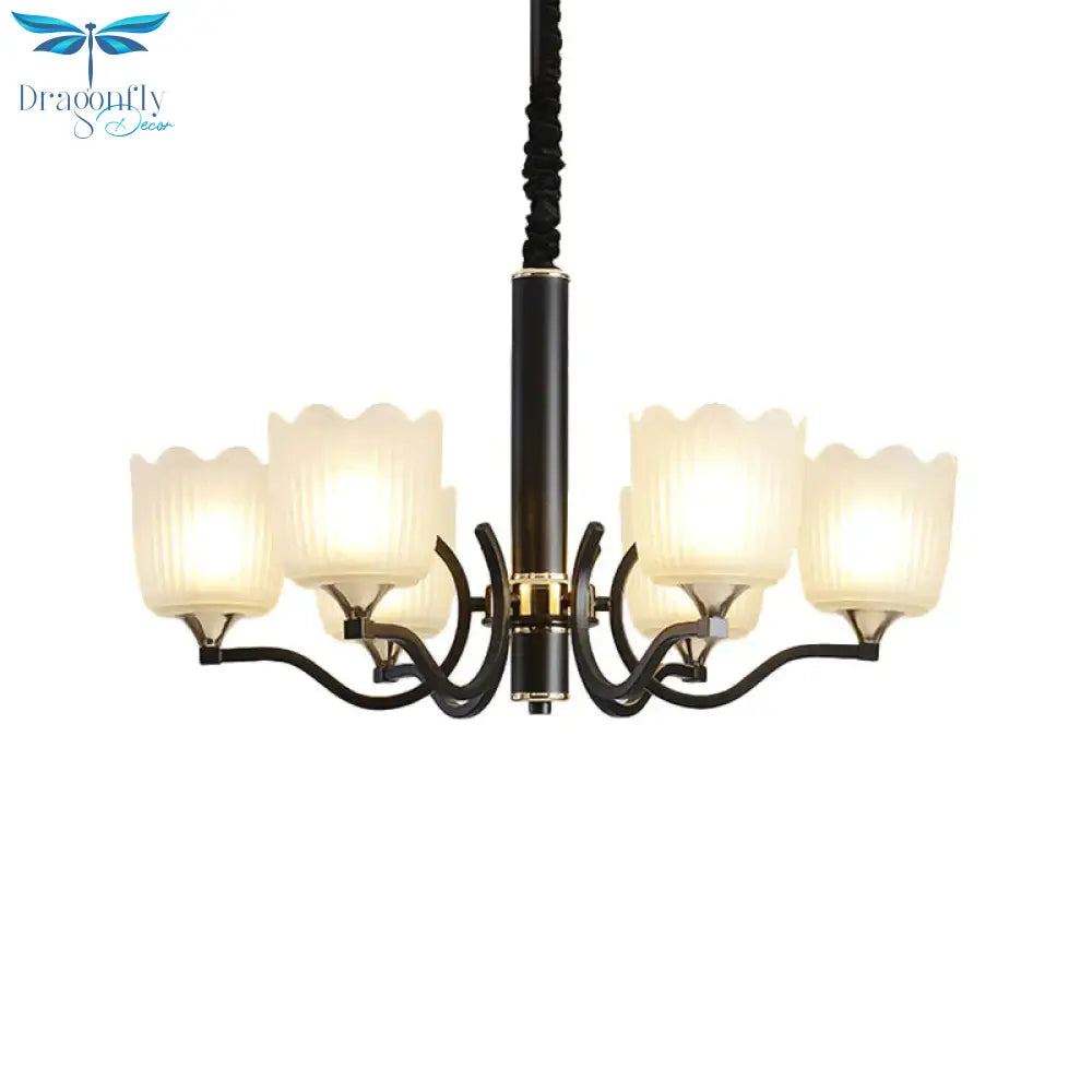 Scalloped Cup Shape Living Room Pendant Traditional Opal Ribbed Glass 3/6/8 - Bulb Black Ceiling
