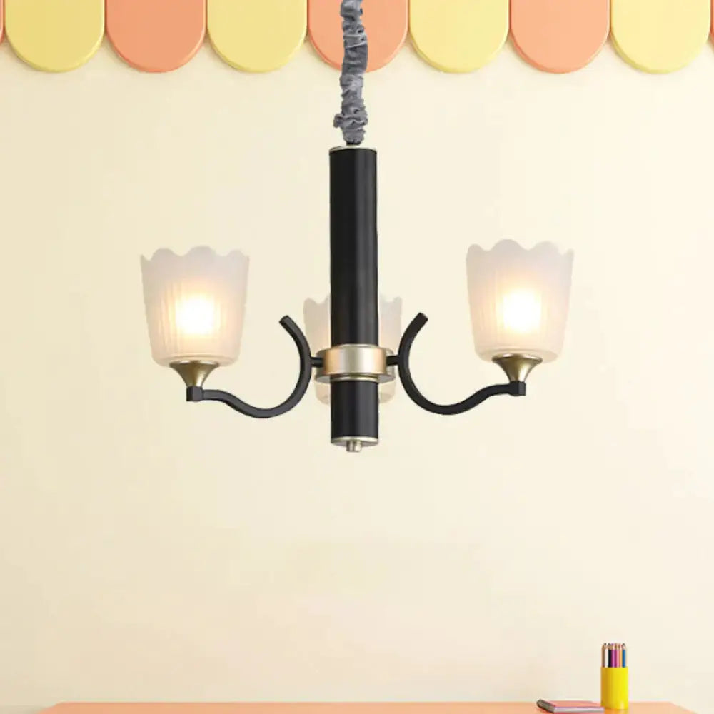 Scalloped Cup Shape Living Room Pendant Traditional Opal Ribbed Glass 3/6/8 - Bulb Black Ceiling