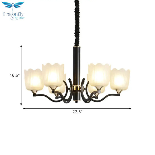 Scalloped Cup Shape Living Room Pendant Traditional Opal Ribbed Glass 3/6/8 - Bulb Black Ceiling