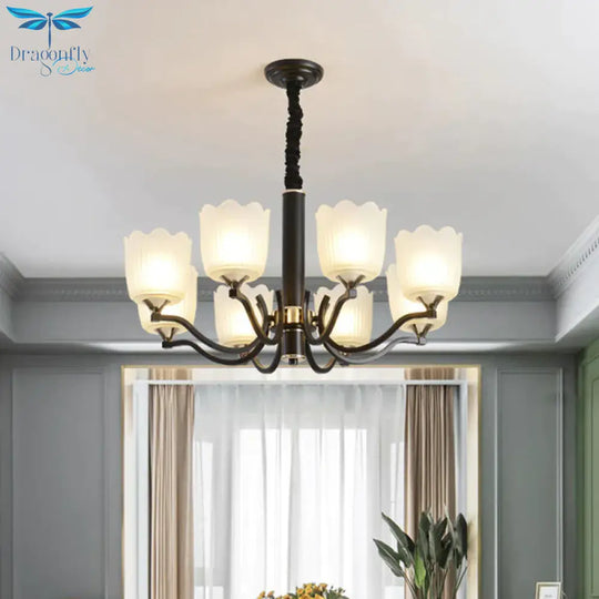 Scalloped Cup Shape Living Room Pendant Traditional Opal Ribbed Glass 3/6/8 - Bulb Black Ceiling