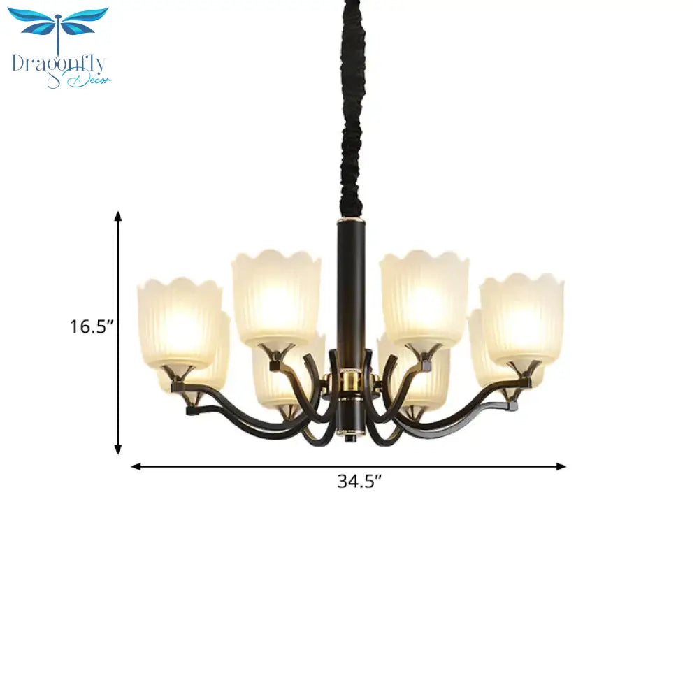 Scalloped Cup Shape Living Room Pendant Traditional Opal Ribbed Glass 3/6/8 - Bulb Black Ceiling
