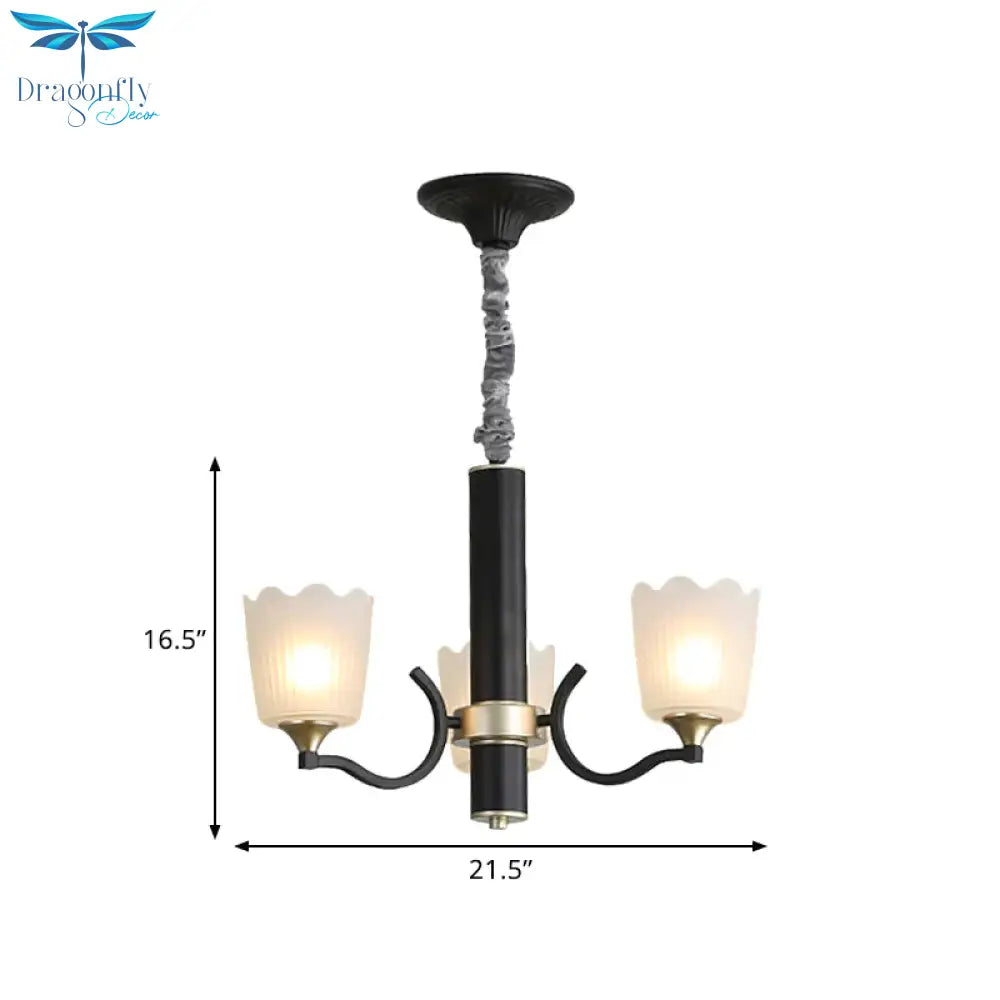 Scalloped Cup Shape Living Room Pendant Traditional Opal Ribbed Glass 3/6/8 - Bulb Black Ceiling