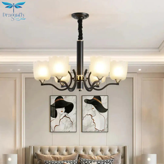 Scalloped Cup Shape Living Room Pendant Traditional Opal Ribbed Glass 3/6/8 - Bulb Black Ceiling
