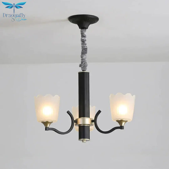 Scalloped Cup Shape Living Room Pendant Traditional Opal Ribbed Glass 3/6/8 - Bulb Black Ceiling