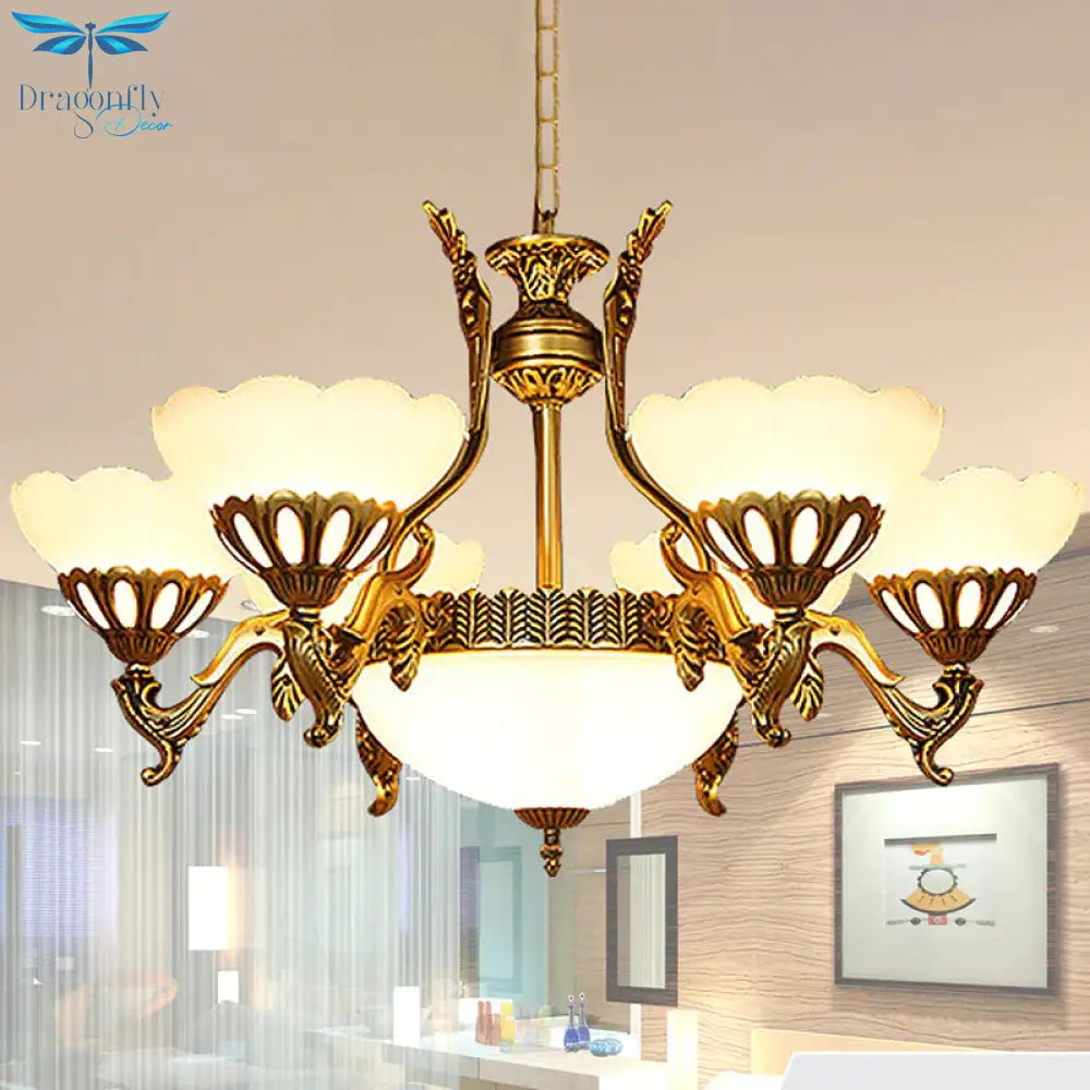 Scalloped Living Room Ceiling Pendant Traditional White Glass 9 - Head Brass Finish Chandelier