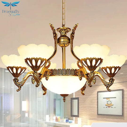 Scalloped Living Room Ceiling Pendant Traditional White Glass 9 - Head Brass Finish Chandelier