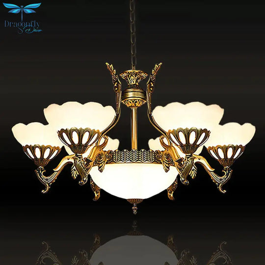 Scalloped Living Room Ceiling Pendant Traditional White Glass 9 - Head Brass Finish Chandelier