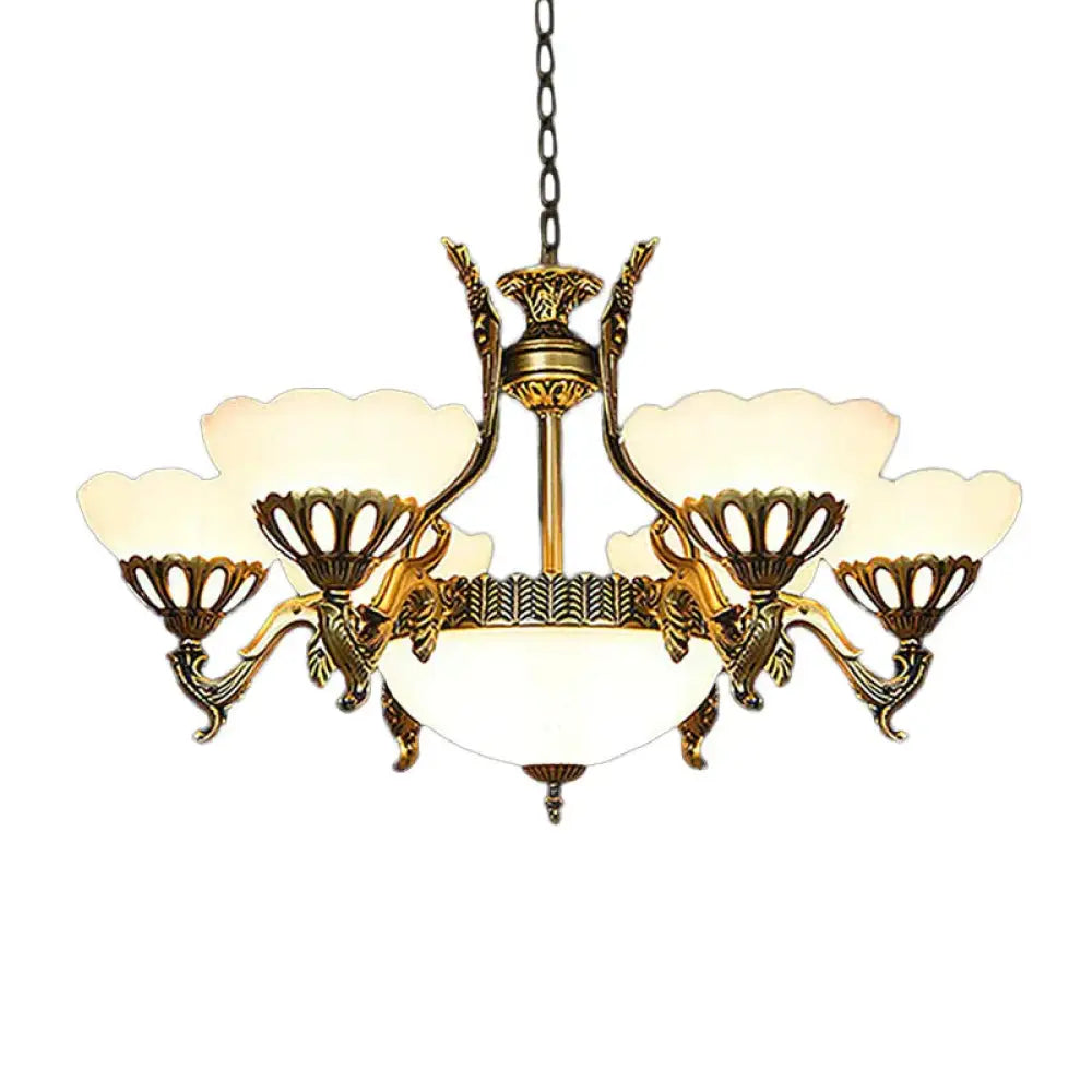 Scalloped Living Room Ceiling Pendant Traditional White Glass 9 - Head Brass Finish Chandelier