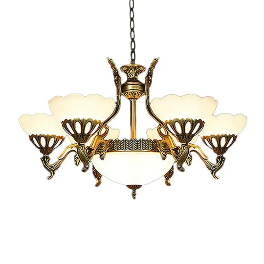 Scalloped Living Room Ceiling Pendant Traditional White Glass 9 - Head Brass Finish Chandelier