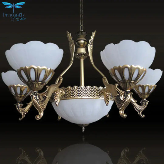 Scalloped Living Room Ceiling Pendant Traditional White Glass 9 - Head Brass Finish Chandelier