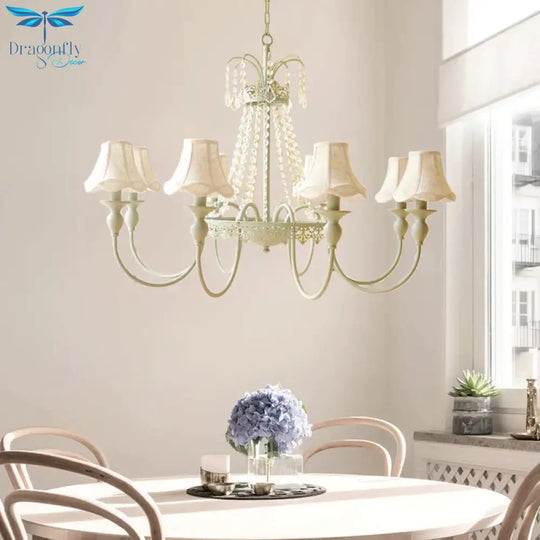 Scalloped Living Room Hanging Light Traditional Fabric 6/8 Lights Green Pendant Fixture