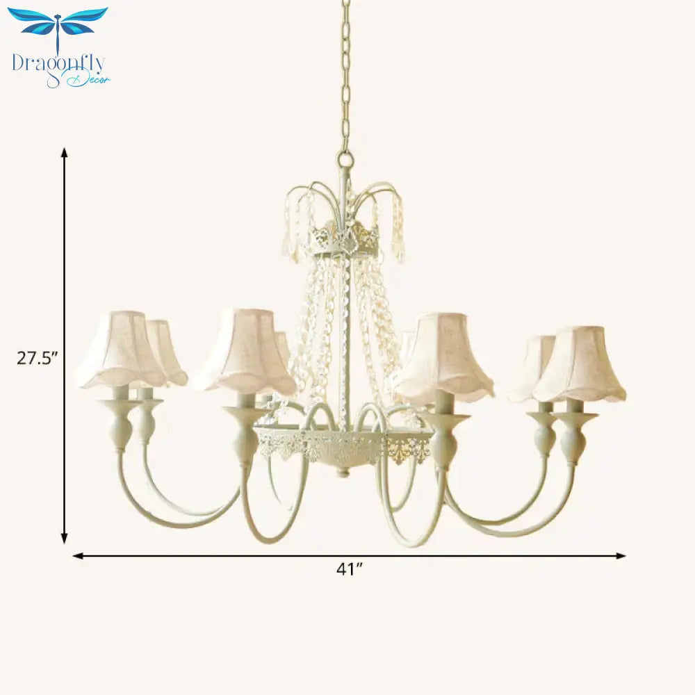 Scalloped Living Room Hanging Light Traditional Fabric 6/8 Lights Green Pendant Fixture