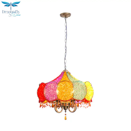 Scalloped Restaurant Chandelier Lighting Bohemian Metal 4 Bulbs Pink/Yellow Pendant Light Fixture