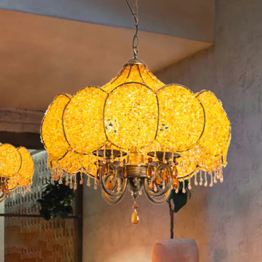 Scalloped Restaurant Chandelier Lighting Bohemian Metal 4 Bulbs Pink/Yellow Pendant Light Fixture