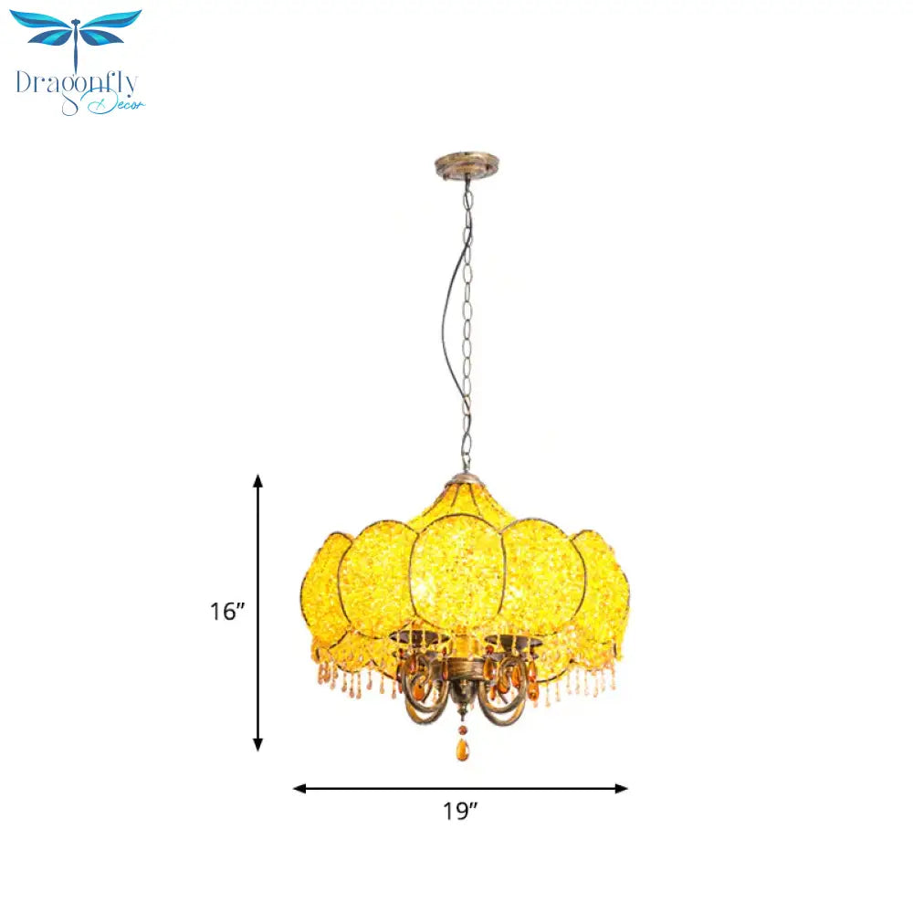 Scalloped Restaurant Chandelier Lighting Bohemian Metal 4 Bulbs Pink/Yellow Pendant Light Fixture