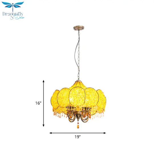 Scalloped Restaurant Chandelier Lighting Bohemian Metal 4 Bulbs Pink/Yellow Pendant Light Fixture