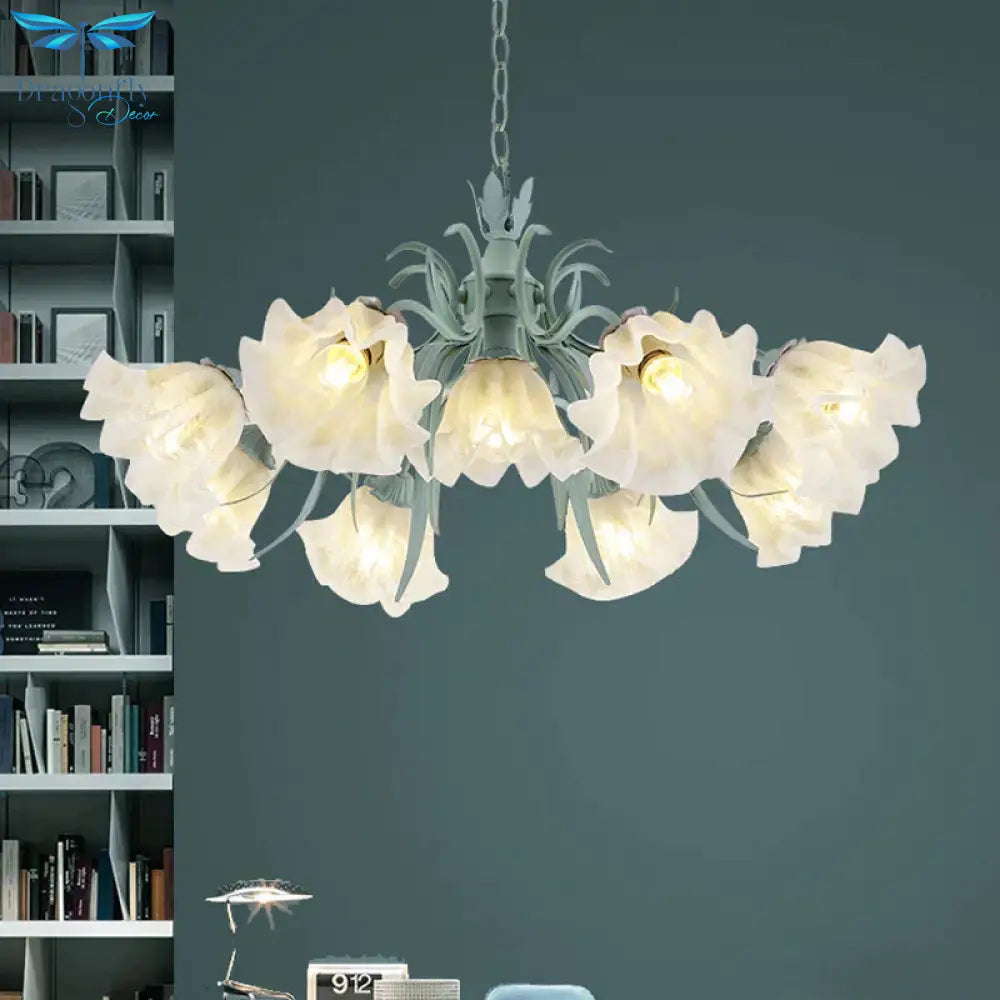 Scalloped Restaurant Hanging Chandelier Korean Garden Milky Glass 3/6/9 - Head Blue Suspension