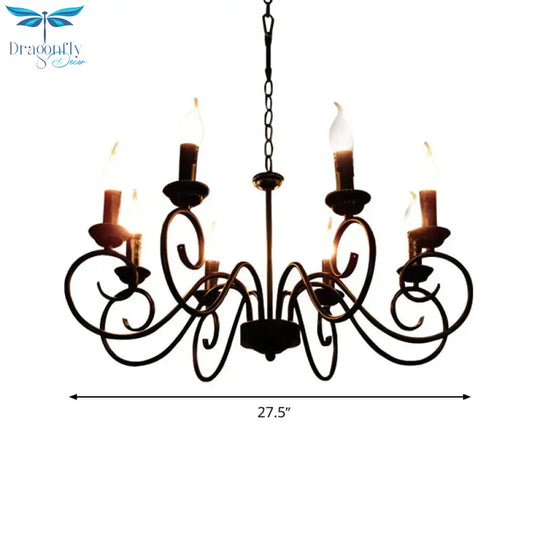 Scrolled Arm Metal Hanging Chandelier Tradition 8 Bulbs Ceiling Pendant Light In Black