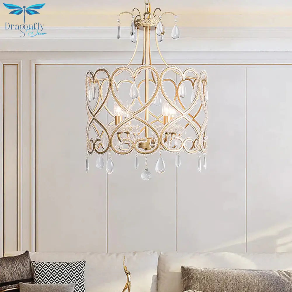 Silver 4 Lights Chandelier Antique Crystal Beaded Drum Hanging Lamp With Swirl Pattern