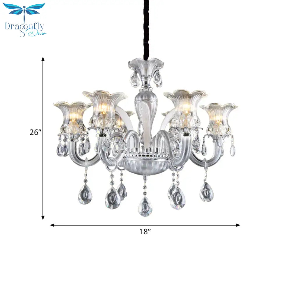 Silver 6/8 Lights Chandelier Light Traditional Clear Ribbed Glass Flower Pendant Lamp With Crystal