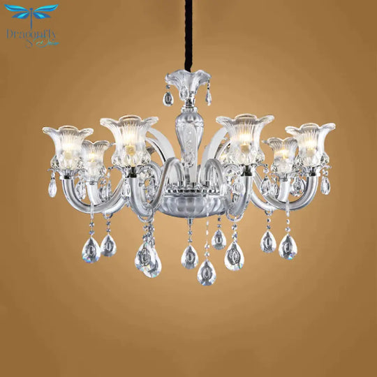 Silver 6/8 Lights Chandelier Light Traditional Clear Ribbed Glass Flower Pendant Lamp With Crystal