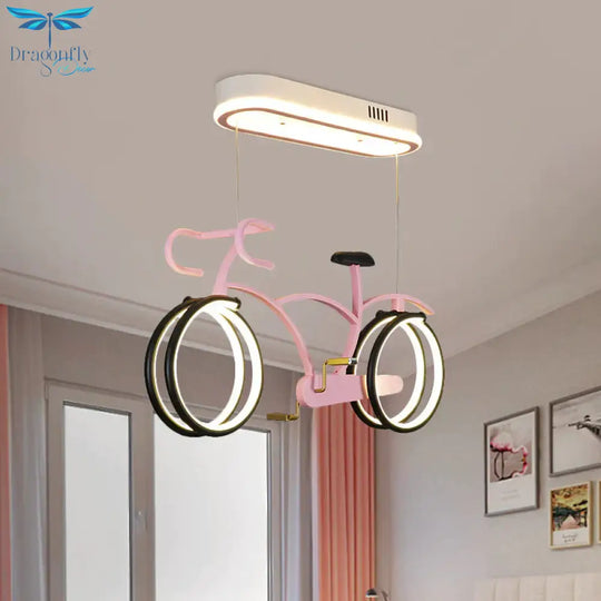 Silver/Pink/Blue Bike Chandelier Light Cartoon Led Metallic Hanging Lighting For Kids Bedroom