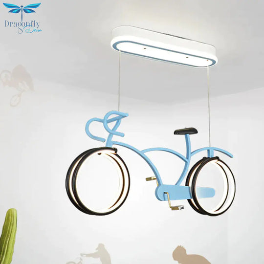 Silver/Pink/Blue Bike Chandelier Light Cartoon Led Metallic Hanging Lighting For Kids Bedroom