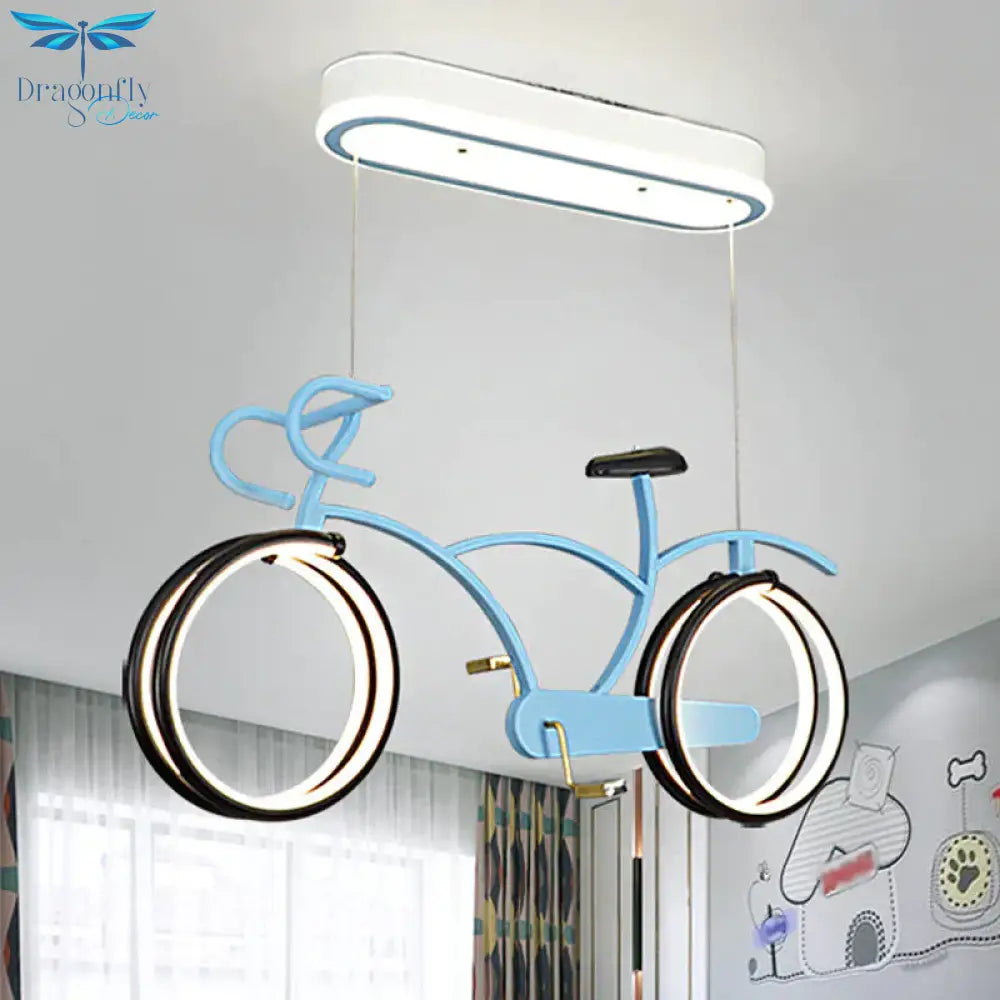 Silver/Pink/Blue Bike Chandelier Light Cartoon Led Metallic Hanging Lighting For Kids Bedroom