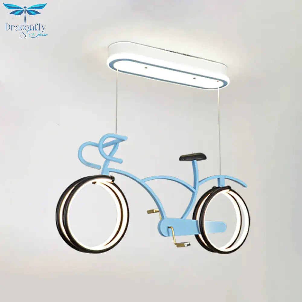 Silver/Pink/Blue Bike Chandelier Light Cartoon Led Metallic Hanging Lighting For Kids Bedroom