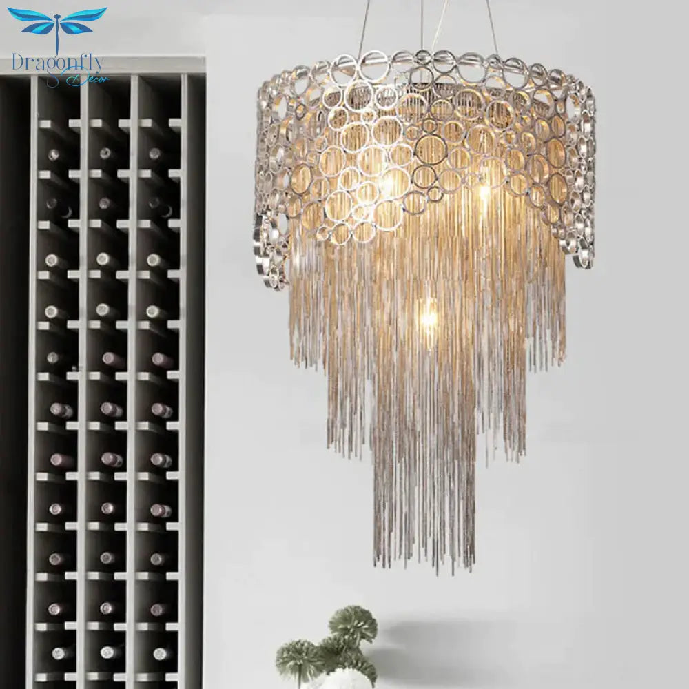 Silver Tiered Chandelier Lighting Fixture Lodge Metal 6 Lights Living Room Pendant Lamp