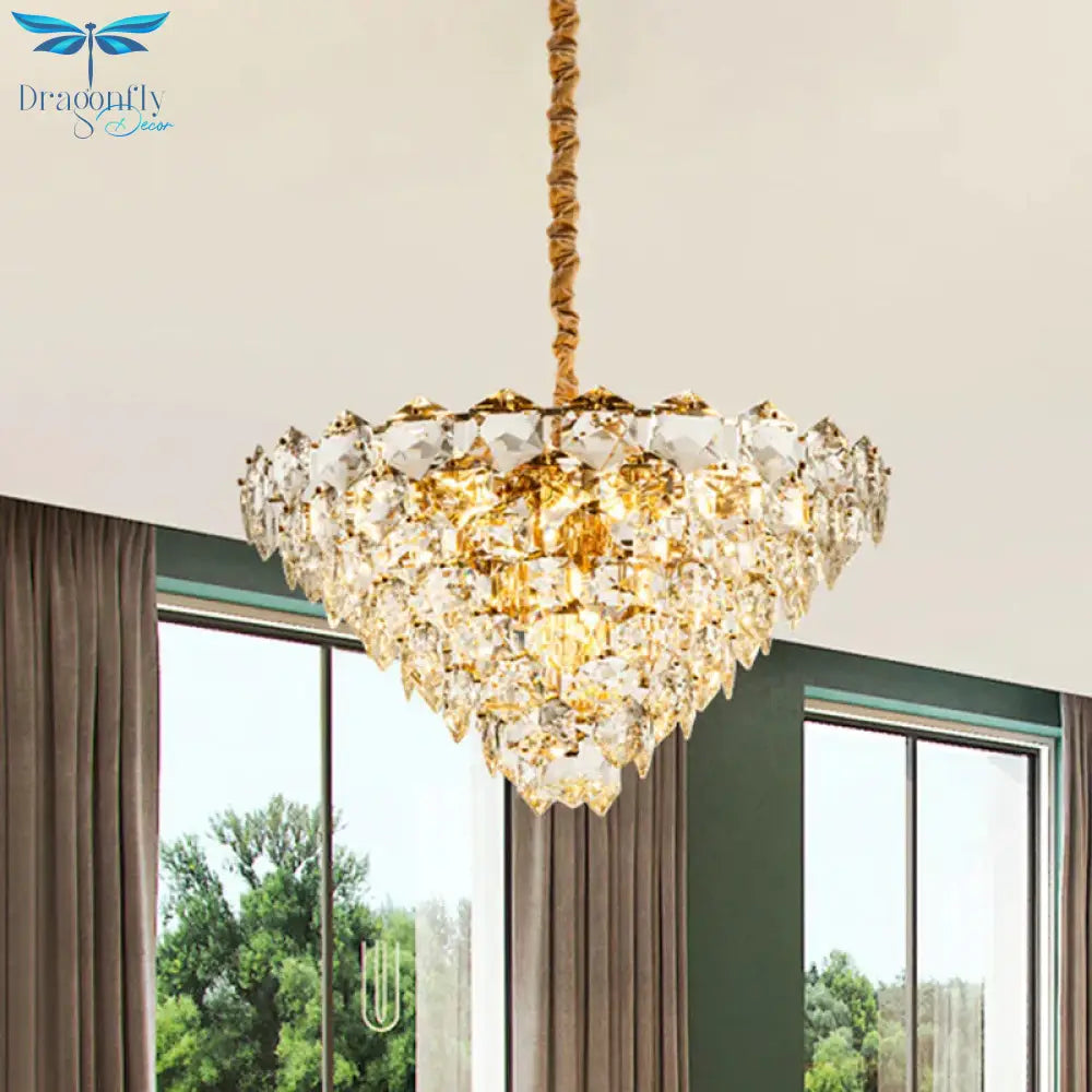 Simple Tapered Hexagon Crystal Hanging Lamp 8 Lights Chandelier Light Fixture In Gold