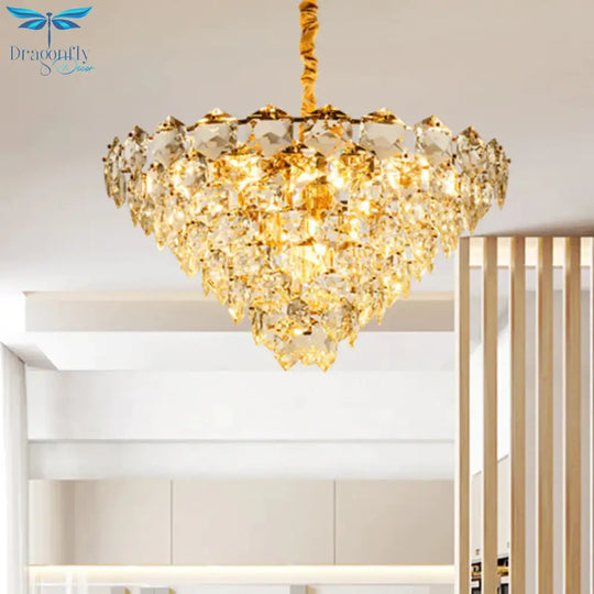 Simple Tapered Hexagon Crystal Hanging Lamp 8 Lights Chandelier Light Fixture In Gold
