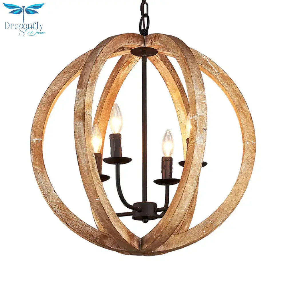 Sphere Chandelier Lamp Nordic Wood 4 Heads Beige Pendant Lighting Fixture For Restaurant