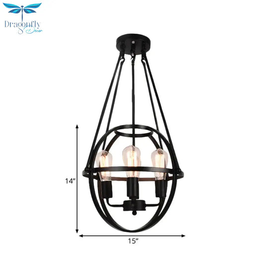 Spherical Metal Chandelier Light Traditional 3 Lights Dining Room Pendant Lighting In Black