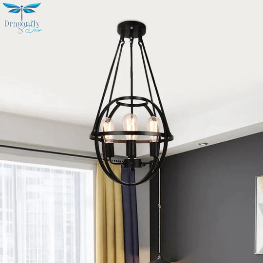 Spherical Metal Chandelier Light Traditional 3 Lights Dining Room Pendant Lighting In Black