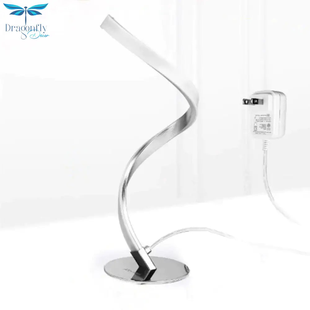 Spiral Shaped Metal Table Lighting Minimalist Single Bulb Silver Led Nightstand Lamp