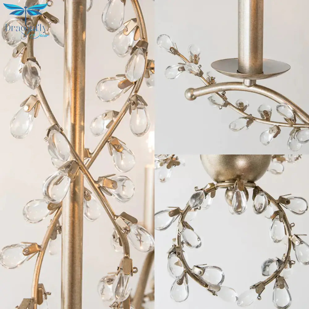Spur Chandelier Light Contemporary Metal 6 Heads Brass Hanging Lamp Kit With Crystal Leaf