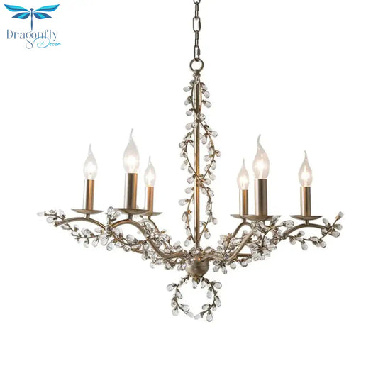 Spur Chandelier Light Contemporary Metal 6 Heads Brass Hanging Lamp Kit With Crystal Leaf