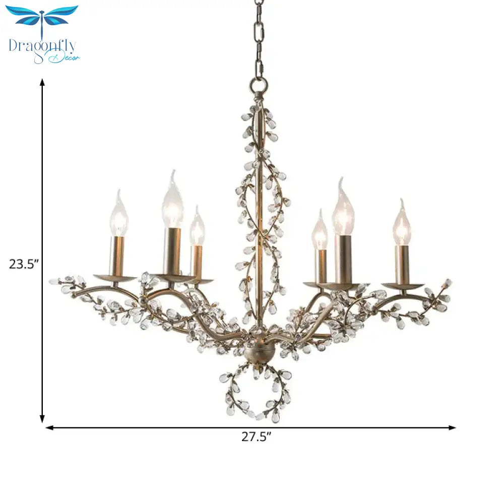 Spur Chandelier Light Contemporary Metal 6 Heads Brass Hanging Lamp Kit With Crystal Leaf