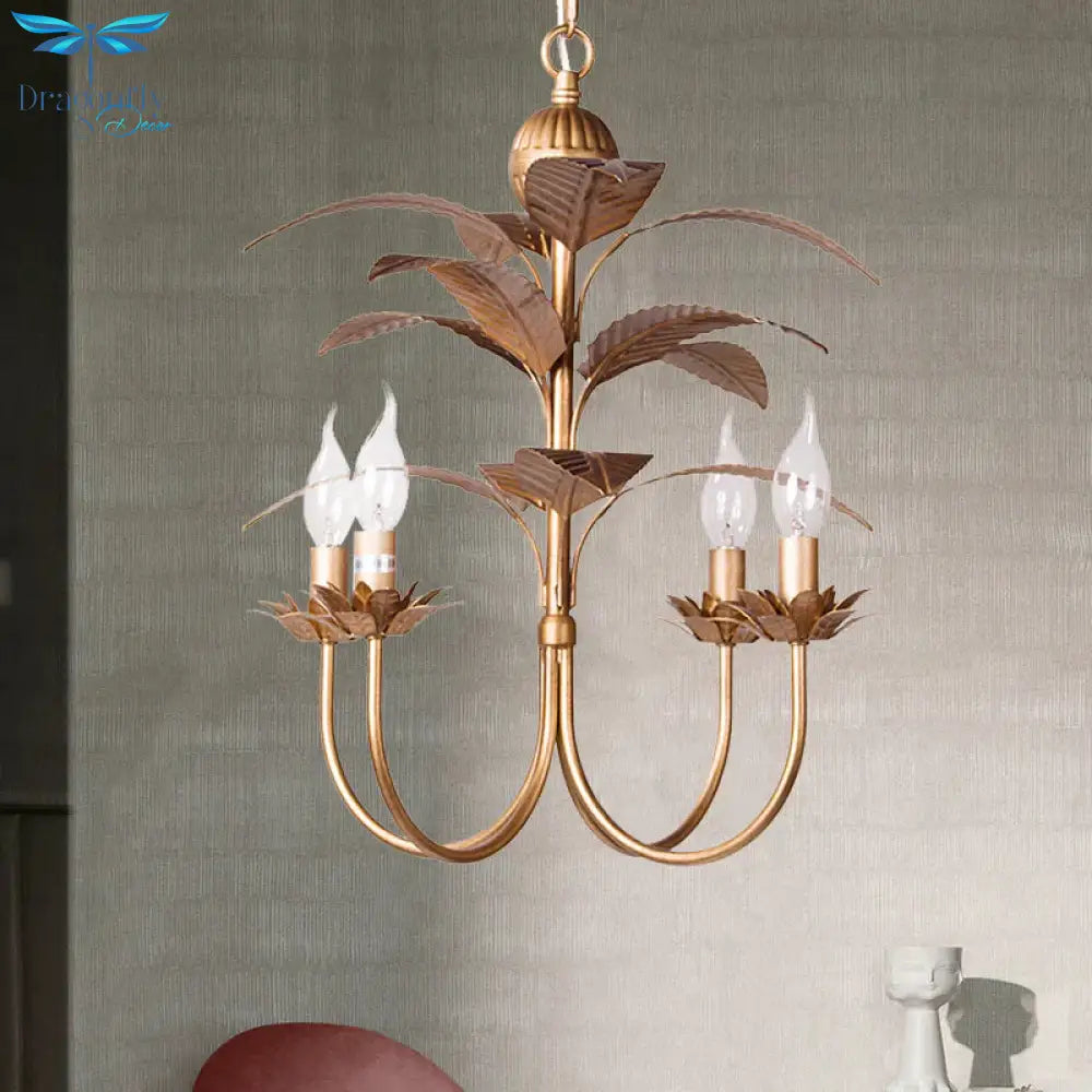 Spur Pendant Chandelier Traditional Metal 4 Bulbs Brass Hanging Ceiling Light With Leaves