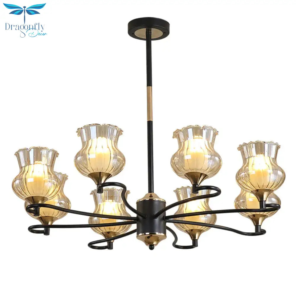 Sputnik Living Room Ceiling Chandelier Classic Tan Textured Glass 3/6/8 Lights Black Hanging Fixture