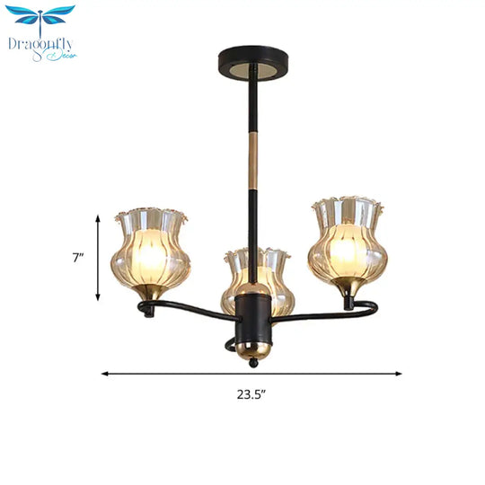 Sputnik Living Room Ceiling Chandelier Classic Tan Textured Glass 3/6/8 Lights Black Hanging Fixture