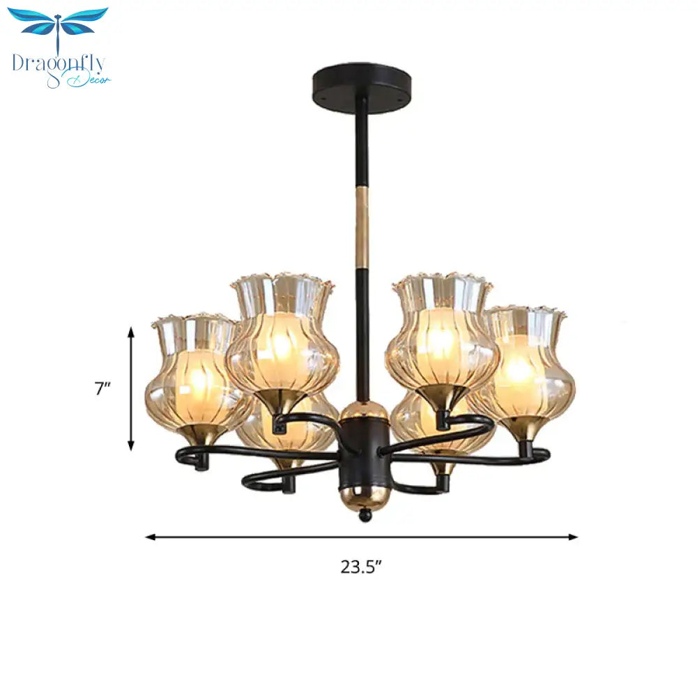 Sputnik Living Room Ceiling Chandelier Classic Tan Textured Glass 3/6/8 Lights Black Hanging Fixture