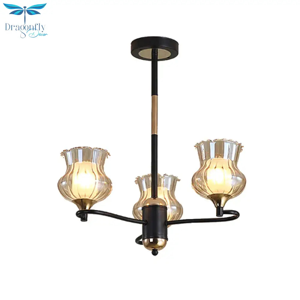 Sputnik Living Room Ceiling Chandelier Classic Tan Textured Glass 3/6/8 Lights Black Hanging Fixture