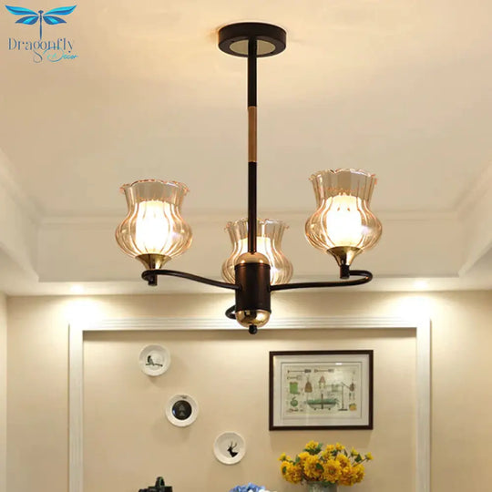 Sputnik Living Room Ceiling Chandelier Classic Tan Textured Glass 3/6/8 Lights Black Hanging Fixture