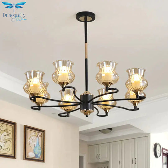 Sputnik Living Room Ceiling Chandelier Classic Tan Textured Glass 3/6/8 Lights Black Hanging Fixture